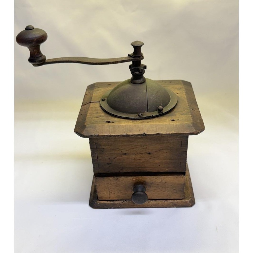 Antique Cast Metal & Rustic Wood Hand Crank Coffee Grinder W/ Dovetails & Drawer
